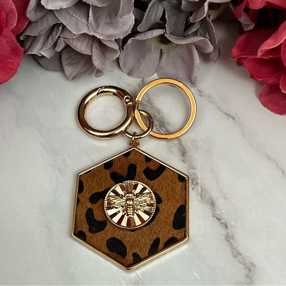 Gorgeous Golden Bumblebee and Leopard Hexagon Keychain Charm - Picture 5 of 16